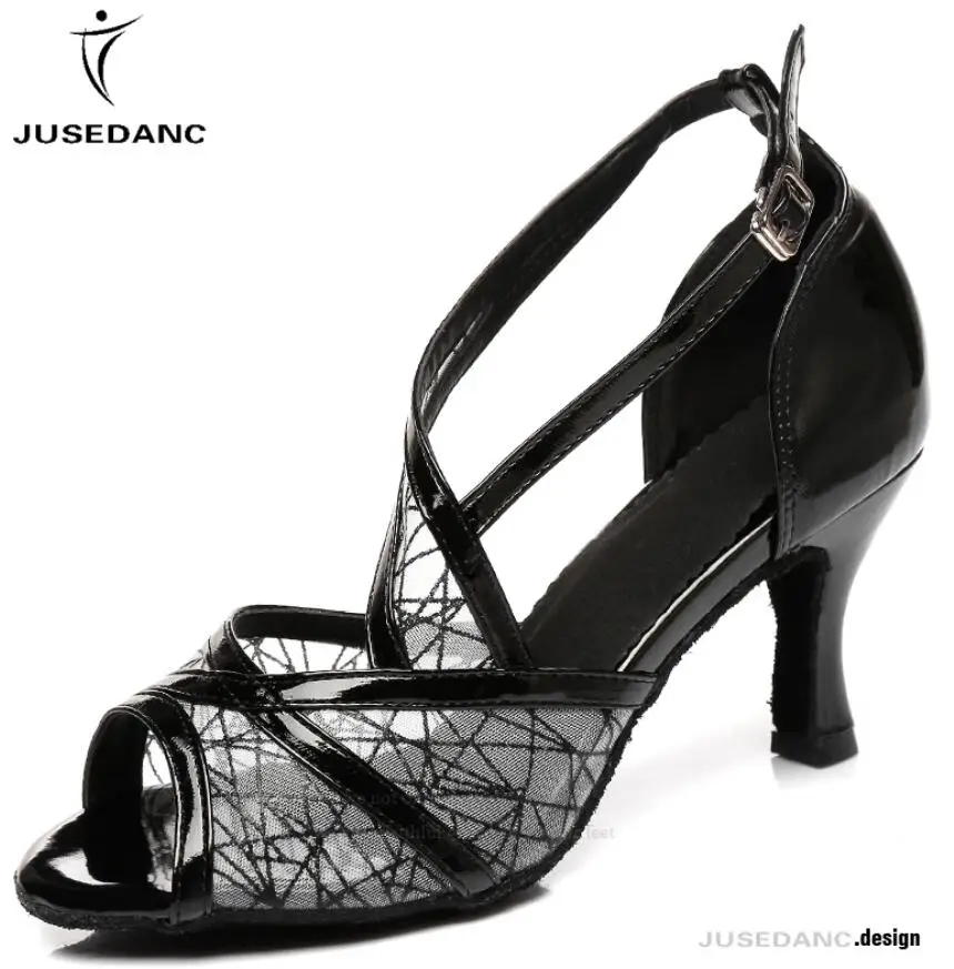 Джазовые бальные туфли, танцевальная обувь для сальсы, женская обувь для латинских танцев, женская обувь для латинских танцев, средний каблук, JuseDanc - Цвет: black heel 8.5cm