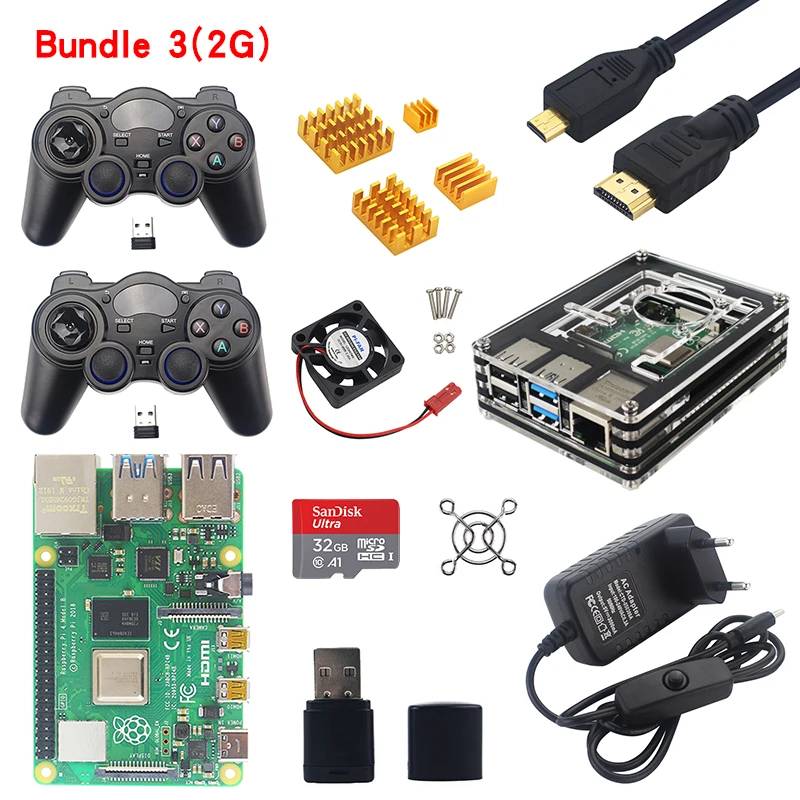 Комплект 3 Raspberry Pi 4 Модель B игровой комплект 2 ГБ/4 ГБ ОЗУ доска+ акриловый чехол+ игровой контроллер+ адаптер питания+ кабель Micro HDMI+ sd-карта - Комплект: Комплект 3