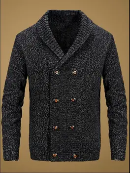 

British new men's autumn and winter double-breasted green fruit lapel wool knit sweater Korean men's loose thick coat