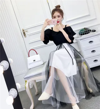 

Elegant Women Ruffle Sling Tops Casual Mesh Drawstring Waist Mid Long Skirt Two Piece Set 2020 New Summer Woman Skirts Suit