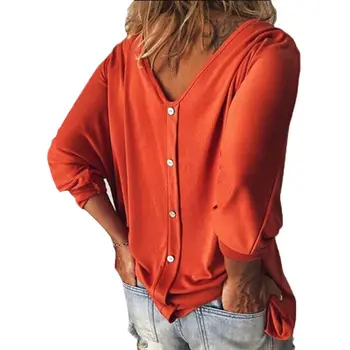 

4 Color Lady Womens Loose 3/4 Sleeve Back Buttons Shirts Plus Size V Neck Solid Top Blouse Back Button Design