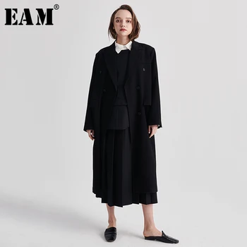 

[EAM] Women Double Breasted Black Long Big Size Trench New Lapel Long Sleeve Loose Fit Windbreaker Fashion Spring 2020 1S100