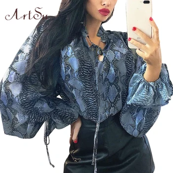 

ArtSu Fashion Blue Snake Print Long Tshirt Vintage Long Sleeve Oversized T shirt Harajuku Top T-shirt Women Streetwear ASTS20672