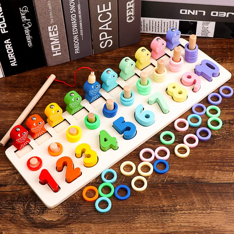 

Fishing Three-in-One Numbers Board Wooden Toys Educational Note Early Education ENLIGHTEN with Numbers Shape Matching Cognitive