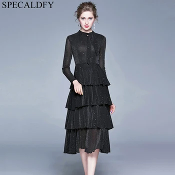 

Spring Dress long Sleeve Sexy See Through Sheer Black Party Dress Ruffle Cake Dresses Women Robe femme