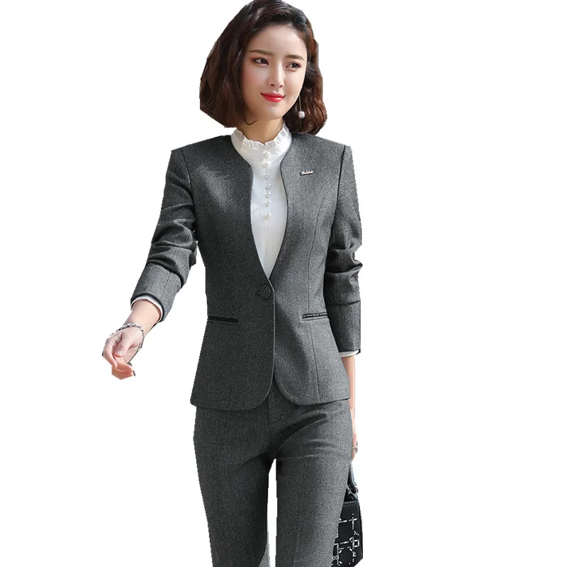 

Woman's Grey Suit Professional Suit Female 3 Piece Jacket Shirt Trousers Office Jewellery Shop Overalls Suits Lady Suit ow0527