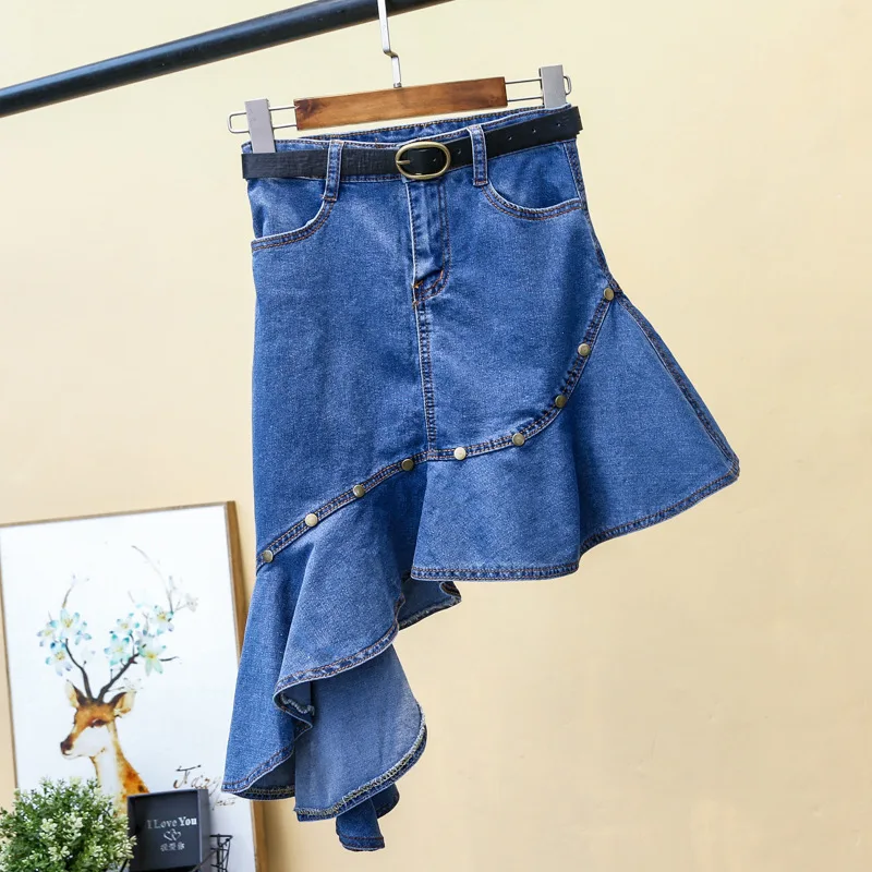 

19 Spring Korean-style New Style High-waisted Sheath Flounced Denim Skirt Fishtail Skirt Irregular
