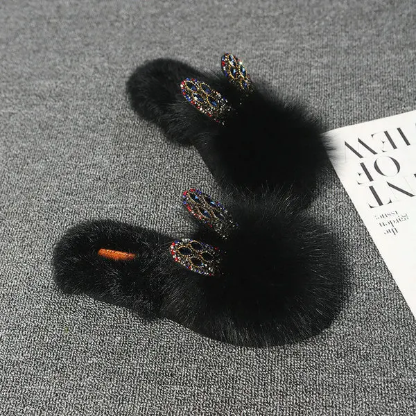 Style7 Black Дизайн; сезон осень; стразы с двумя сердечками; натуральный кроличий мех; головные уборы; тапочки; обувь на плоской подошве; женская обувь; A833 - Цвет: Style7 Black