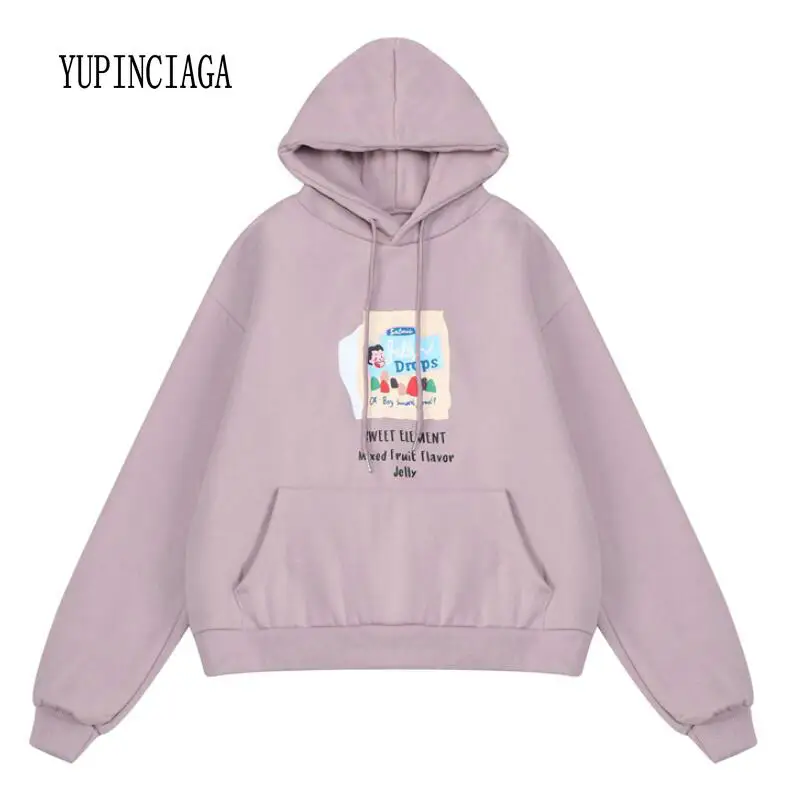 

YUPINCIAGA Hoodies Girls Harajuku printing loose candy hooded long sleeves plus velvet thick Warm Sweatshirt women pullover