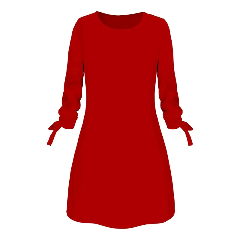 Модное однотонное платье на осень повседневные свободные платья с круглым вырезом элегантное пляжное Короткое мини-платье с бантом и рукавами 3/4, большие размеры, вечерние платья