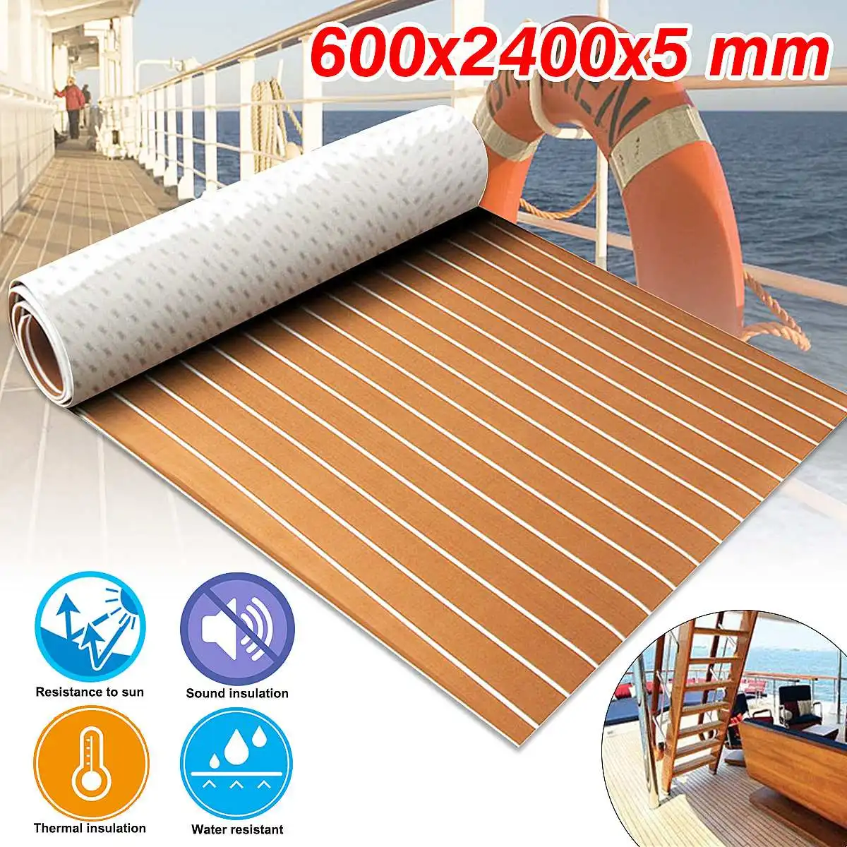 

2400x600x5mm Self-Adhesive Boat Decking Sheet Brown White EVA Foam Faux Teak Decking Marine Flooring Sheet Striped Mat Pad