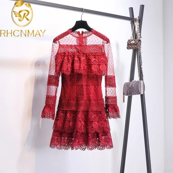 

2020 Runway Summer Women Dress Fashion Sexy Wine Red Lace Patchwork Flare Sleeve Layers Cake Party Mini Dresses