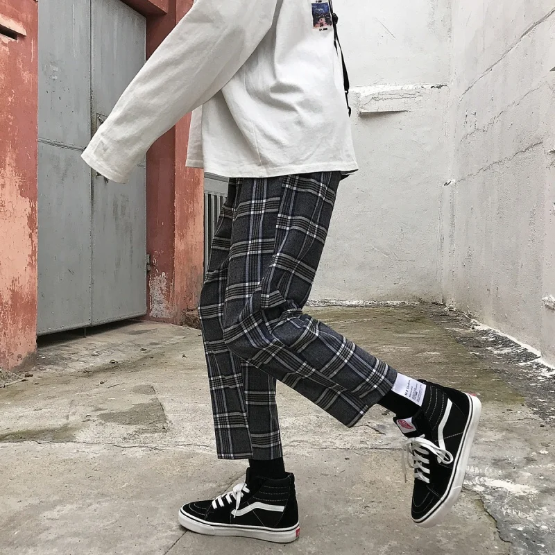 Cotton Plaid Pants Men s Fashion Casual Retro Straight Trousers Mens Streetwear Wild Loose Hip Hop 5