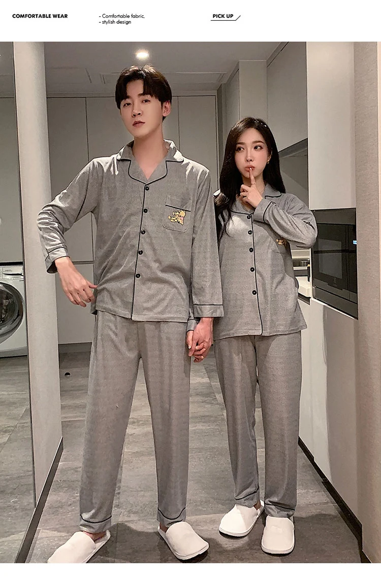 mens silk pajama set 2021 Autumn Couples 100% Cotton Long Sleeve Pajama Sets for Men Korean Sleepwear Suit Pyjamas Lounge Homewear Women Home Clothes mens pyjama tops