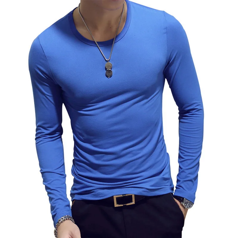 Модные мужские футболки, повседневная приталенная рубашка, весенняя, с длинным рукавом, для фитнеса, майка для бега, базовая, для бега, Homme, топы, блузка - Цвет: O Neck Light Blue