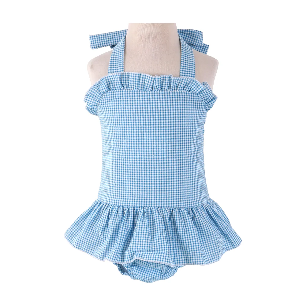 blue stripe Летний детский купальный костюм из хлопка для маленьких девочек, купальник с оборками для младенцев - Цвет: blue stripe