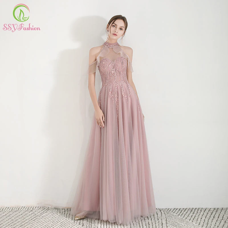 SSYFashion New Sweet Pink Evening Dress Sexy Halter Lace Appliques Floor-length Long Prom Formal Gowns Vestido De Noche