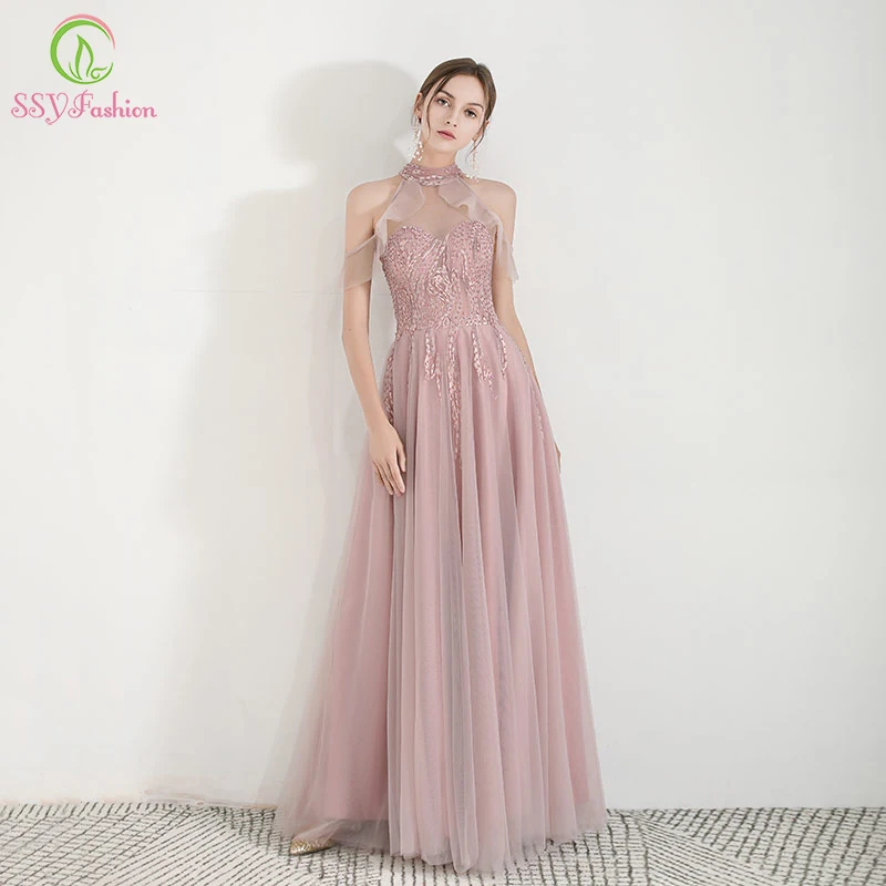 SSYFashion Новое милое розовое вечернее платье пикантный кружевной шнурок Аппликации