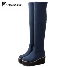 Haoshen& Girl/осенне-зимняя обувь; Женские Сапоги выше колена в жокейском стиле; очень эластичные сапоги на толстой платформе; Shoes32-43 на плоской подошве