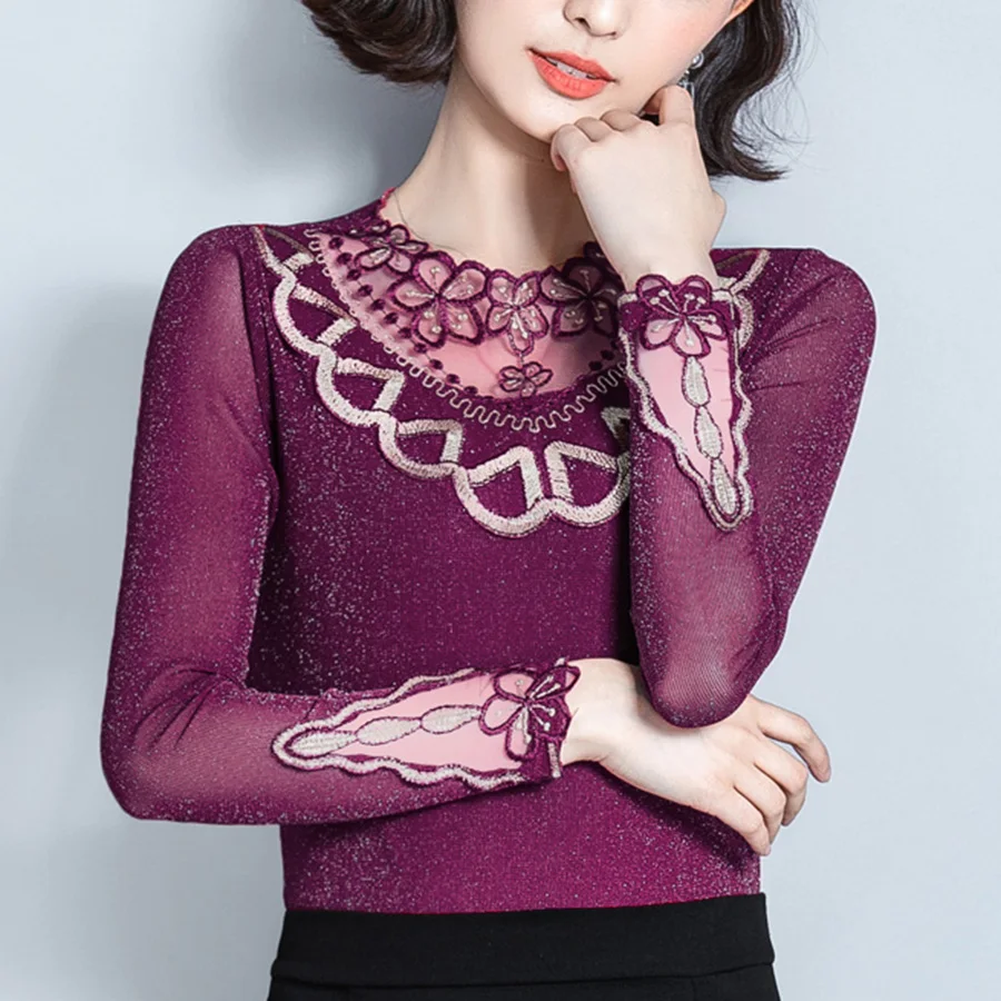

mesh top 2019 bottoming shirt slim hollow out embroidery stand long sleeve t-shirt plus size 4XL fashion women elegant top shirt