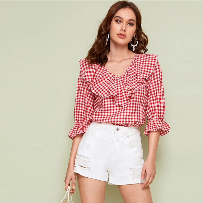 SHEIN/красная Повседневная Блузка с v-образным вырезом и оборками в клеточку; сезон весна; Топ для женщин; сезон осень года; рукав-Волан; милые женские блузки и топы