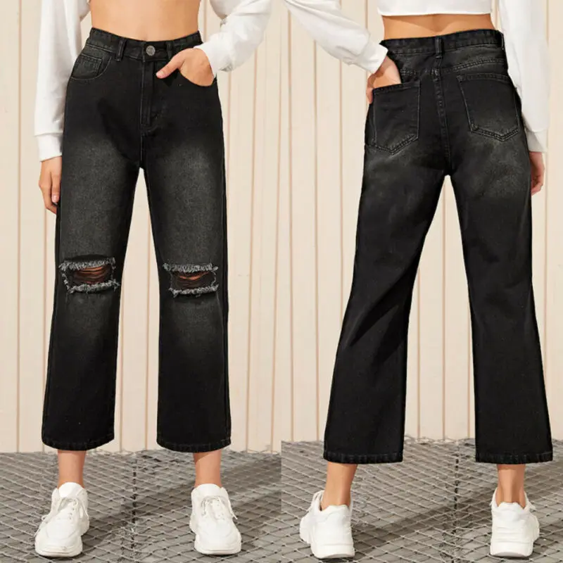 Hirigin Women Black Straight Wide Leg Denim Trousers Ladies High Waist Long Jeans Pants | Женская одежда