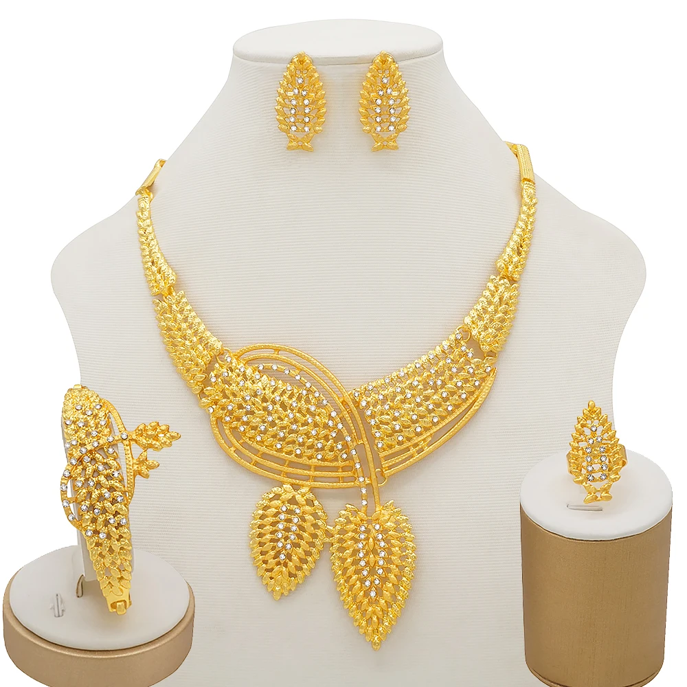 

Dubai Fashion Jewellery Sets Leaf Necklace Gold Bracelet Party Women Earrings Wedding Crystal Ring Jewelry