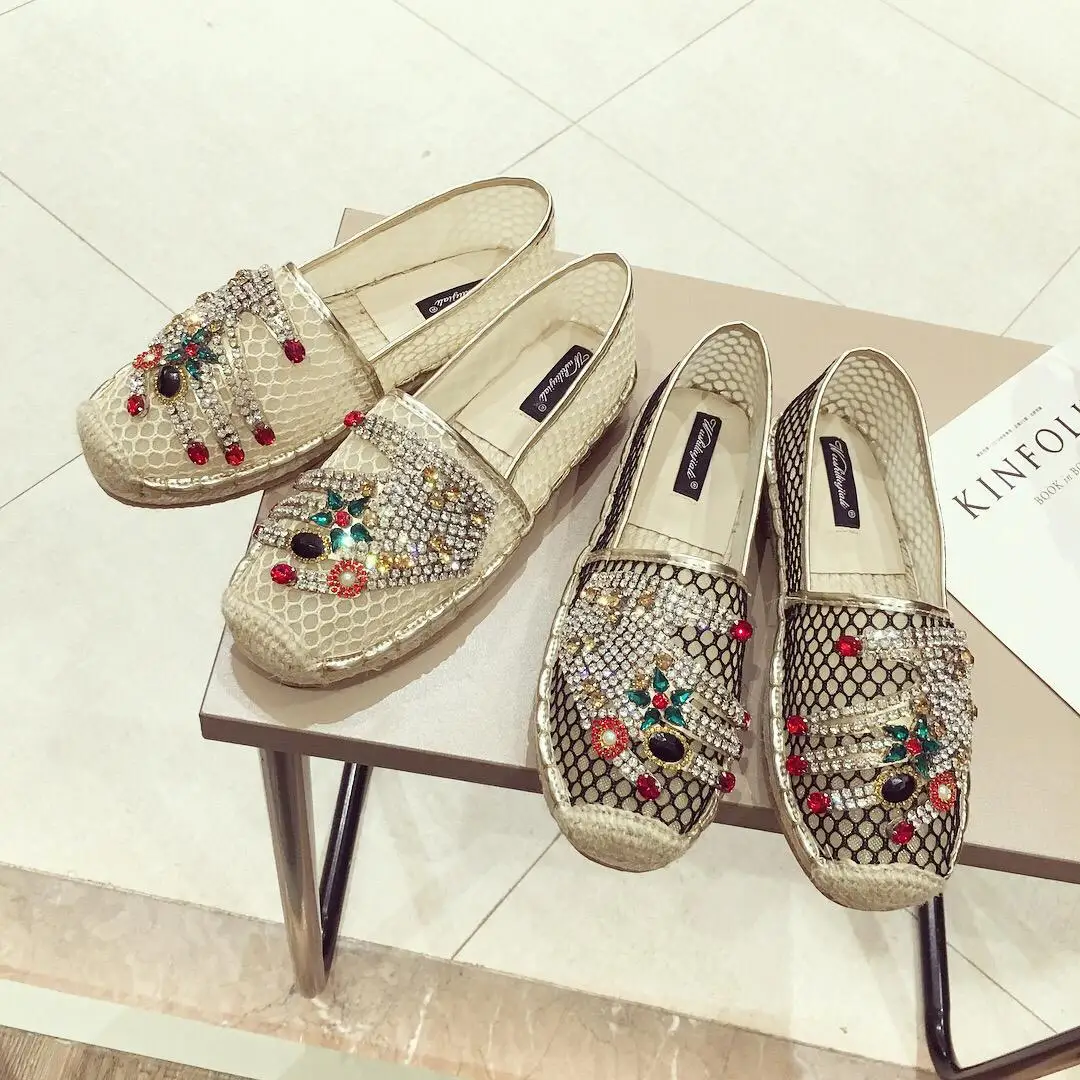

2018 Autumn New Style Korean-style Versatile Gauze Man-made Diamond Fisherman Shoes Flat Straw Loafers Women's