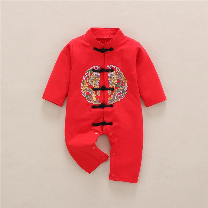 Chinese Traditional Tang Suit Newborn Baby Unisex Romper Shoes Hat Jumpsuit New Year Spring Festival Bodysuit Embroidery