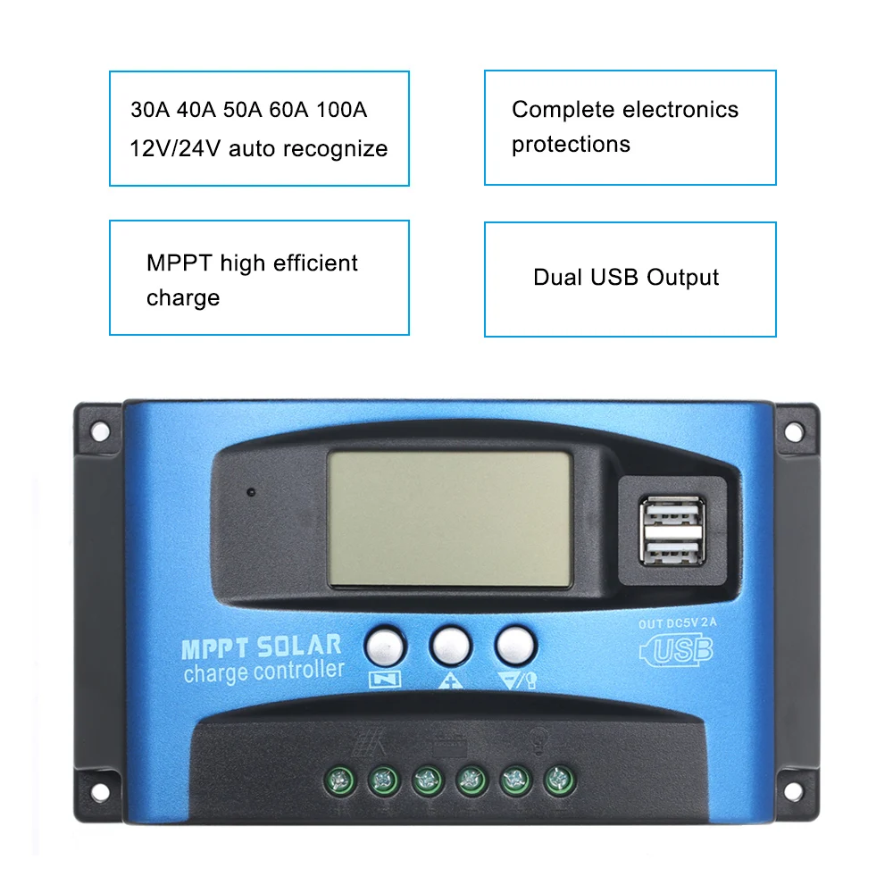 

Hot 100A/60A/50A/40A/30A MPPT Auto Solar Charge Controller With Dual USB 5V Output 12/24V Solar Panel Battery Regulator Charge
