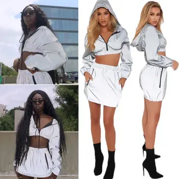 

Sexy Cool Girl Women 2PCS Bodycon Reflective Zip Crop Tops Skirt Set Clubwear Dress Party Suit 2020 Hot Two Piece Set Women