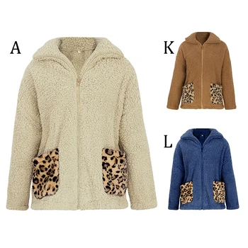 

Coats and Jackets Women Winter---Leopard Stitching Pocket Zipper Thick Long-sleeved Solid Color Jacket Coat Autumn And Winter