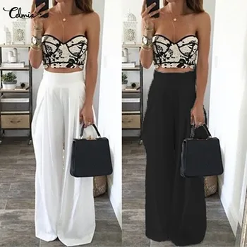 

Plus Size Celmia 2020 Summer Women Wide Leg Pants High Waist Loose Casual Palazzo Solid Long Trousers Beach Pants Pantalon Femme