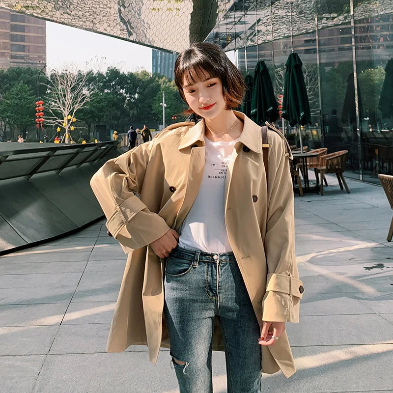 

2019 Spring Korean-style Mid-length Short-height Trench Coat Women Double-breasted Khaki Trench Coat College Style Coat Fashion