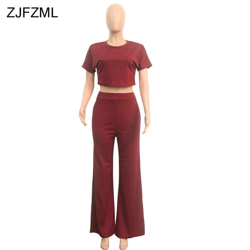 ZJFZML, новая модная детская одежда, 2 шт, комплекты, подходящие для всей Для женщин с круглым вырезом короткий рукав топ+ полной длины брюки с широкими штанинами; Повседневное однотонные Двойка наряды