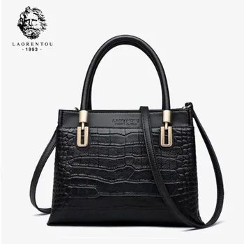 

LAORENTOU New Women Genuine Leather handbags quality cowhide fashion Crocodile pattern tote women bag women leather shoulder bag