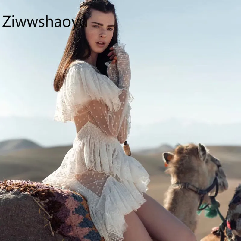 

Ziwwshaoyu 2019 New Arrival Runway Designer Women's Mesh Patchwork Mini Dresses Long Sleeve Fine Embroidery Holiday Party Dress
