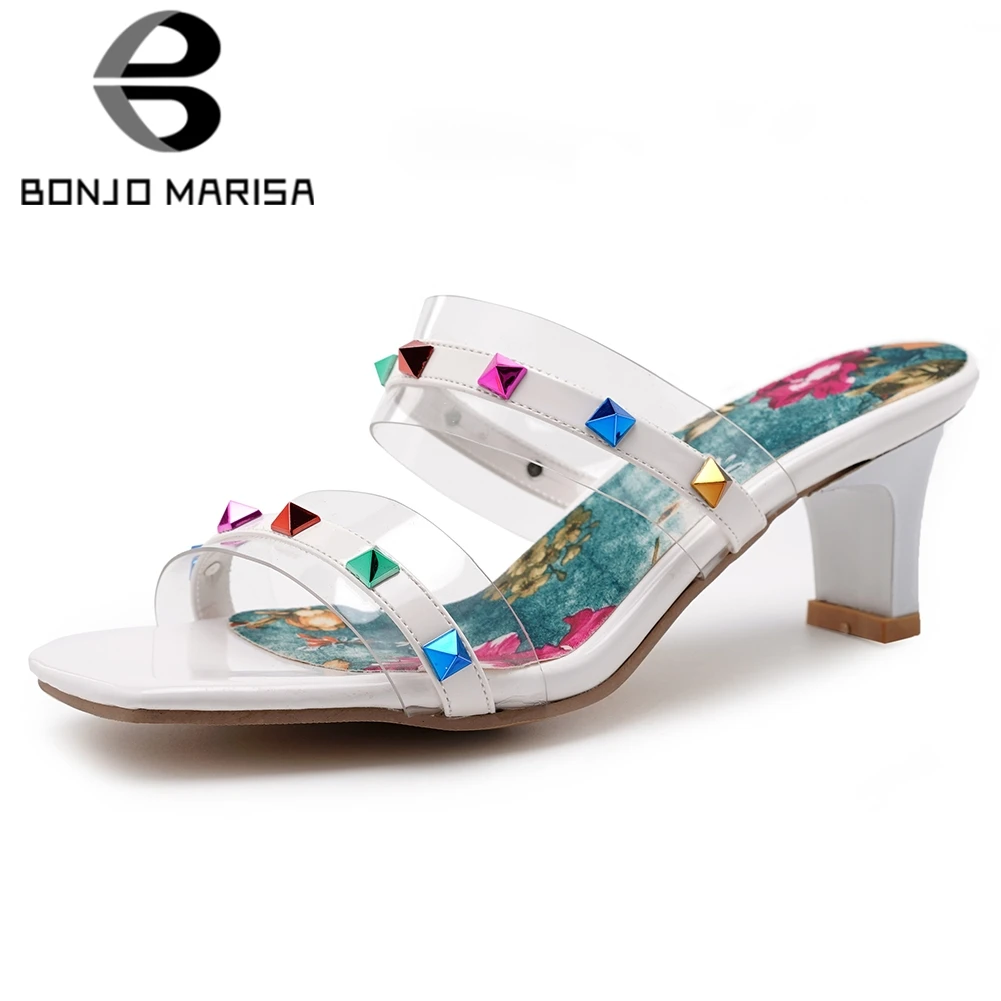 

BONJOMARISA Hot Sale 32-43 Ladies Daily Casual Transparent Mules Fashion Color Rivet Pumps Women Holiday Med Heel Shoes Woman