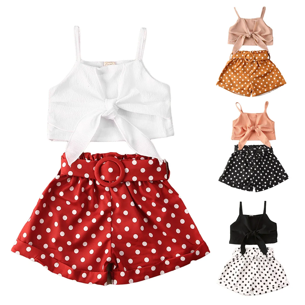 

AA 2020 Children Clothing Set Infant Baby Girls Clothes Bow Crop Tops Polka Dot Shorts With Belt Two Piece Kids Outfits