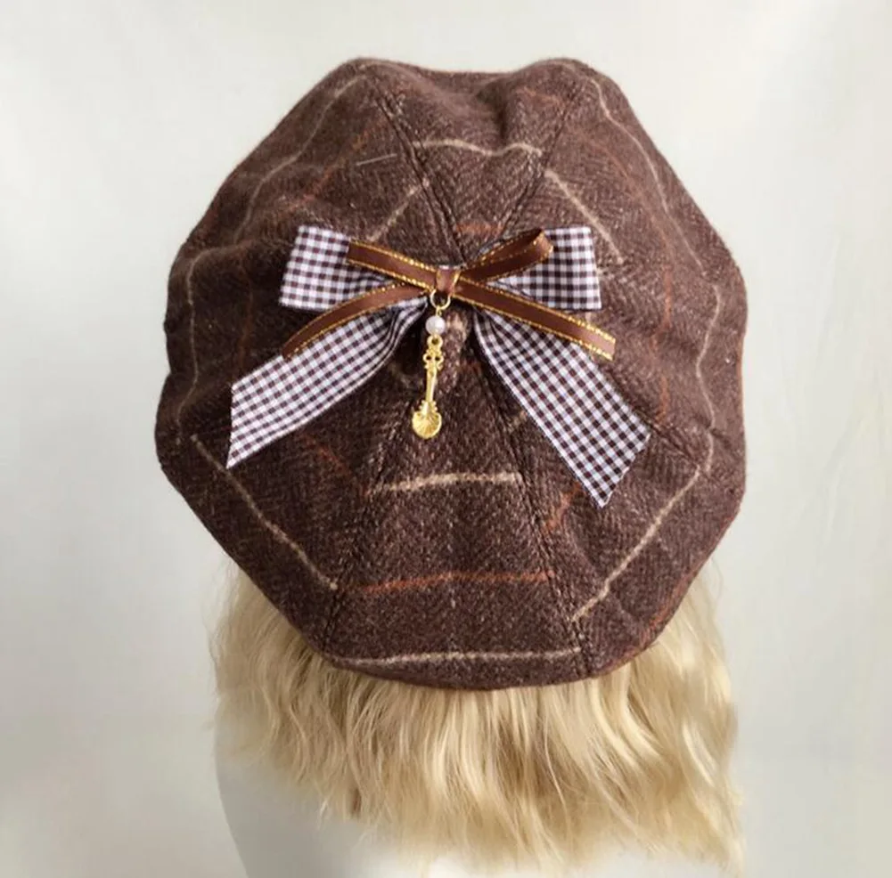 

Beret Hat Female Lolita Girls Cute Bowkont Plaid Beanie Women Casual French Painter Unisex Artist Cap Dome