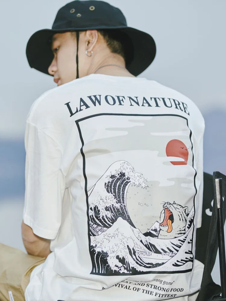 Law of Nature Harajuku, японская забавная футболка с изображением кота, Мужская футболка в стиле хип-хоп, хлопковые повседневные футболки, мужские топы
