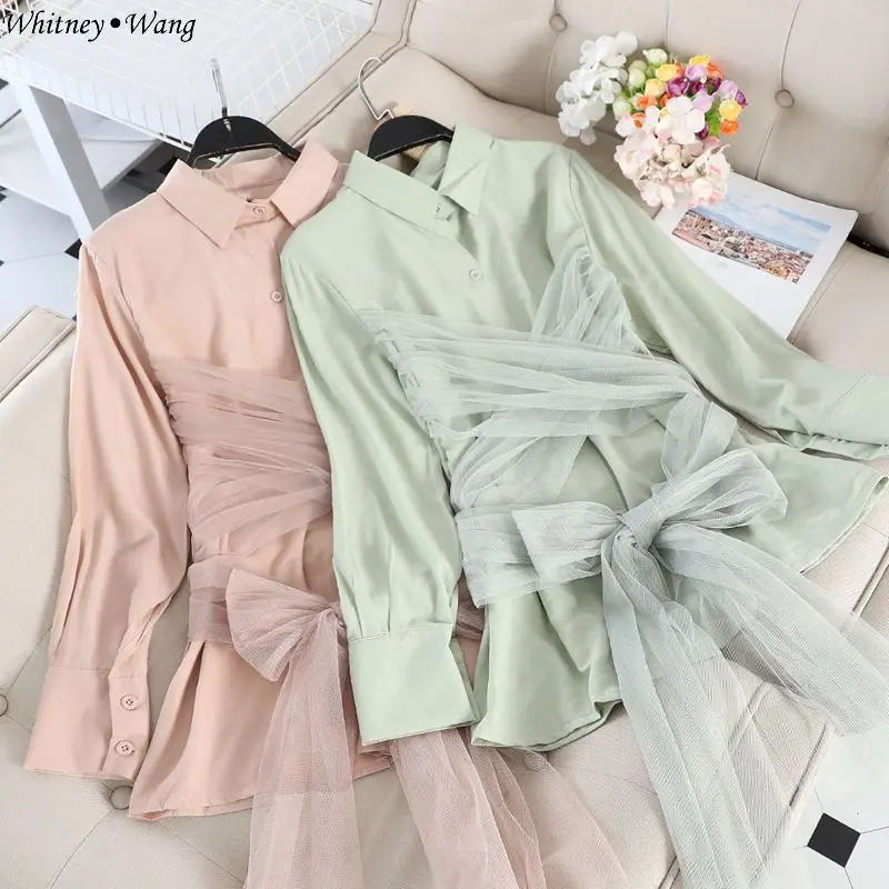 

WHITNEY WANG Blouses Woman 2019 Autumn Fashion Streetwear Cross Mesh Bow Patchwork Blouse Women Blusas Shirt Tops
