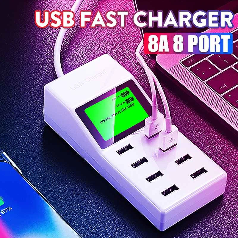 Универсальный 8 портов Смарт USB зарядное устройство светодиодный дисплей 8A несколько настенных адаптеров концентратор адаптер гнездо для мобильного телефона для планшета, ПК, камеры