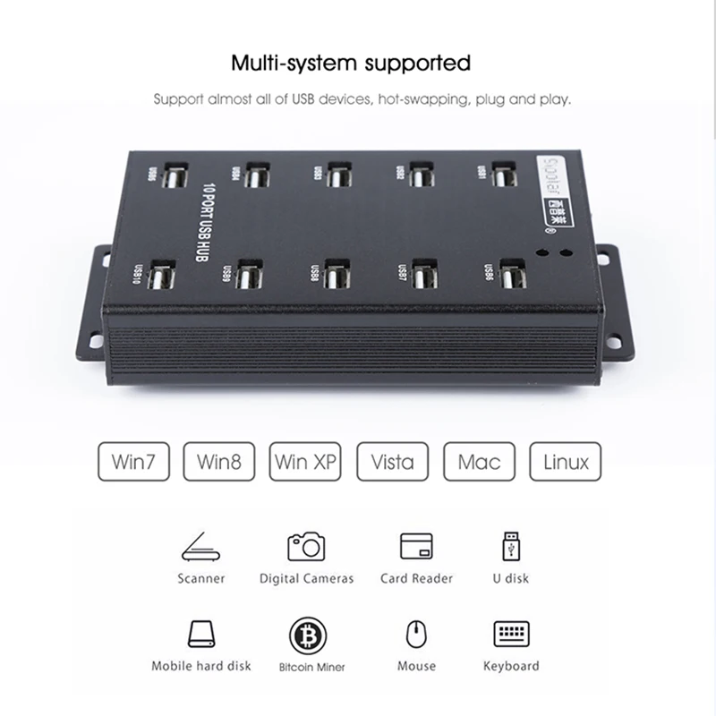 Sipolar 10 Ports 60W powered USB 2.0 hub High Speed Adapter Extension Cable Plug and Play for PC Laptop phone tablets SSD HDD 5