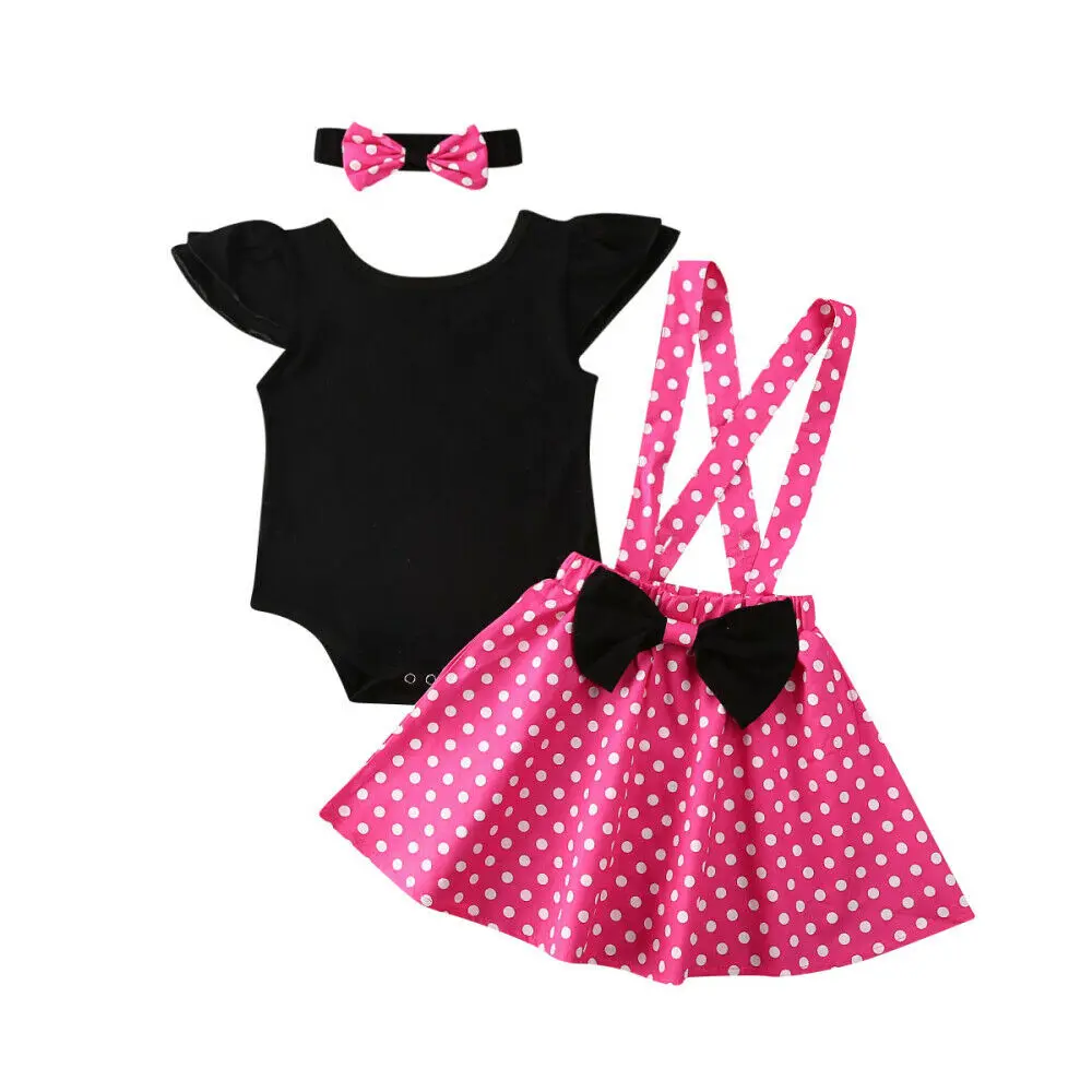

3PCS Newborn kids Baby Girl Clothes Sets Ruffles Sleeve Tops Romper Polka Dot Bib Strap Dress Clothes Outfit Summer