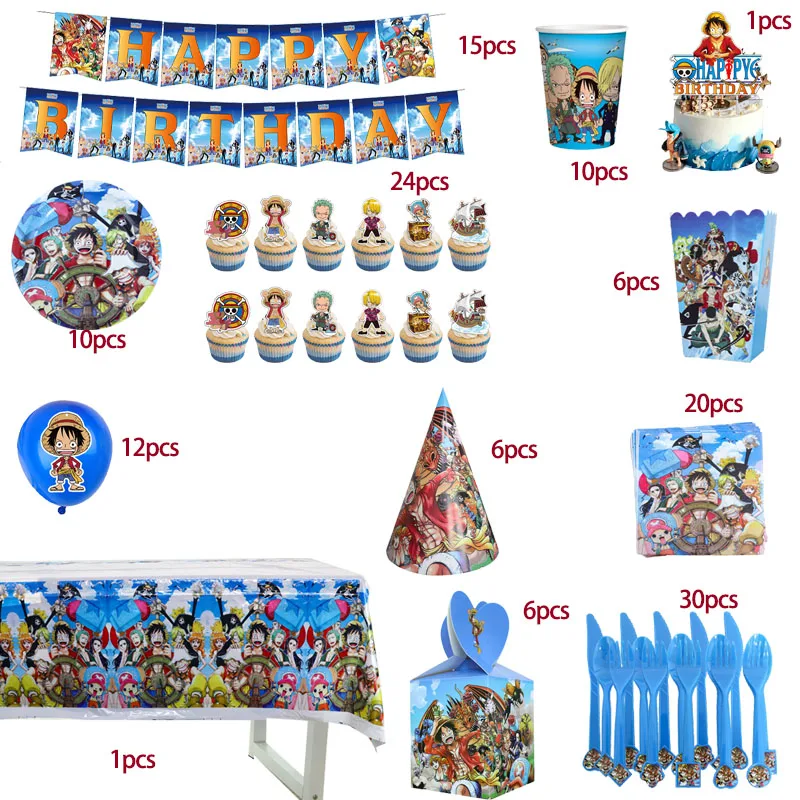 

Anime One Piece Luffy Figures Birthday Decorations Party Supplies Tablecloth Balloons Cake Insert Paper Cap Party Decor Set Fans