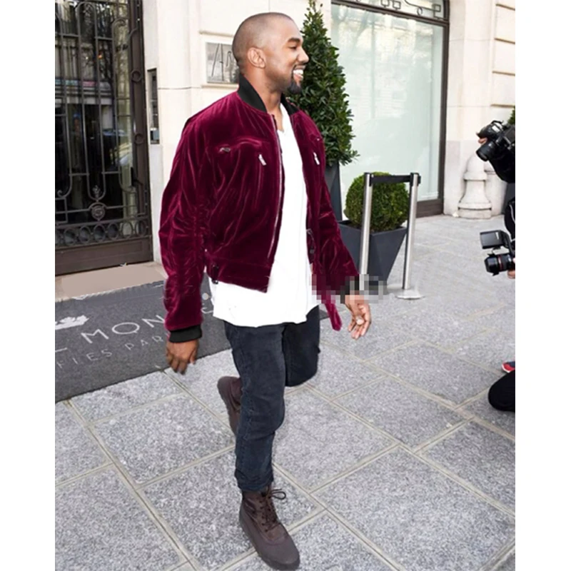 Мужская бархатная бейсбольная куртка ma1kanye West, хип-хоп, с заниженным плечом, толстые велюровые куртки, мужские красные, винные/черные локоть, плиссированные рукава