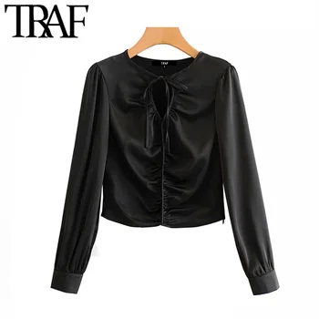 

TRAF Women Vintage Stylish Pleated Black Cropped Blouses Fashion Long Sleeve Side Zipper Drawstring Female Shirts Chic Tops