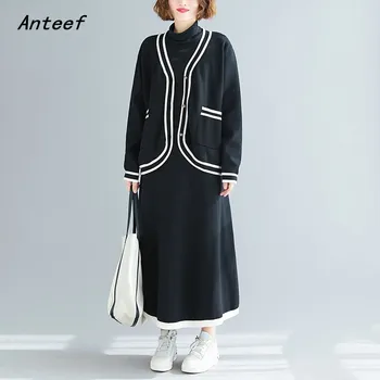 

black knitted plus size autumn winter casual high waist loose long 2 two piece skirt set cardigan sweater women clothes 2020