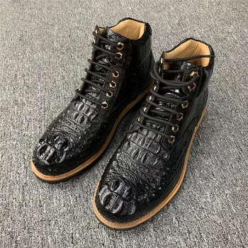 

Authentic Exotic Crocodile Skin Men's Casual High Lift Winter Boots Genuine Real Alligator Leather Male Lace-up Warm Ankle Shoes